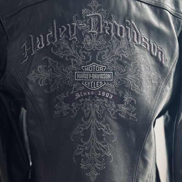 Harley-Davidson Black Leather Moto Jacket with Embroidered Filigree – US L - Picture 11 of 12